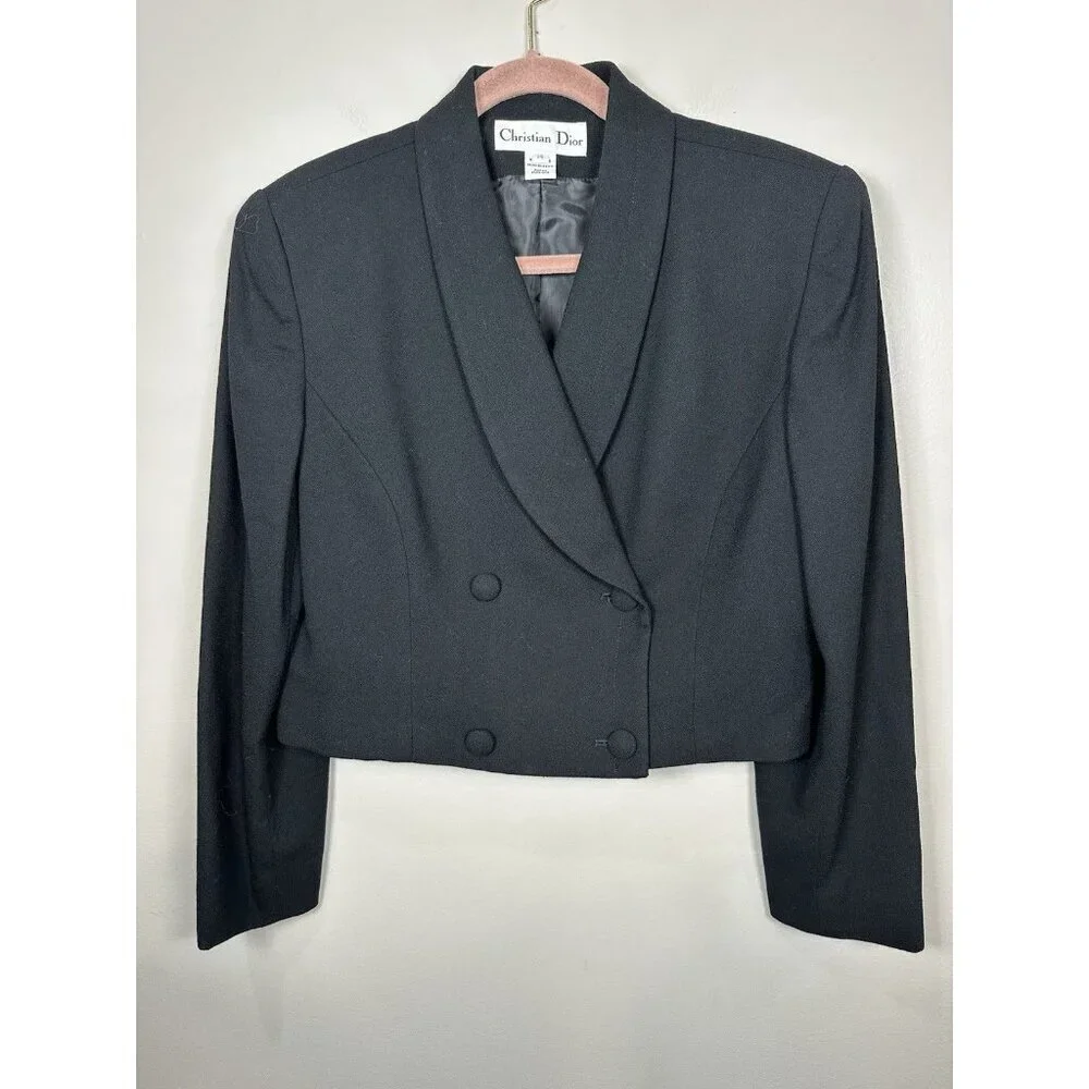 Christian Dior Wool Cropped Blazer Black Double Breasted Size 14 Wool Classic